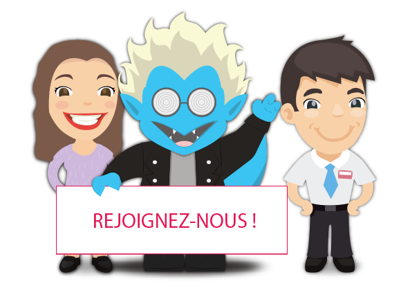 Rejoignez-nous ! Personnages de Marine, Tim et Alexandre avec une pancarte "Rejoignez-nous!"