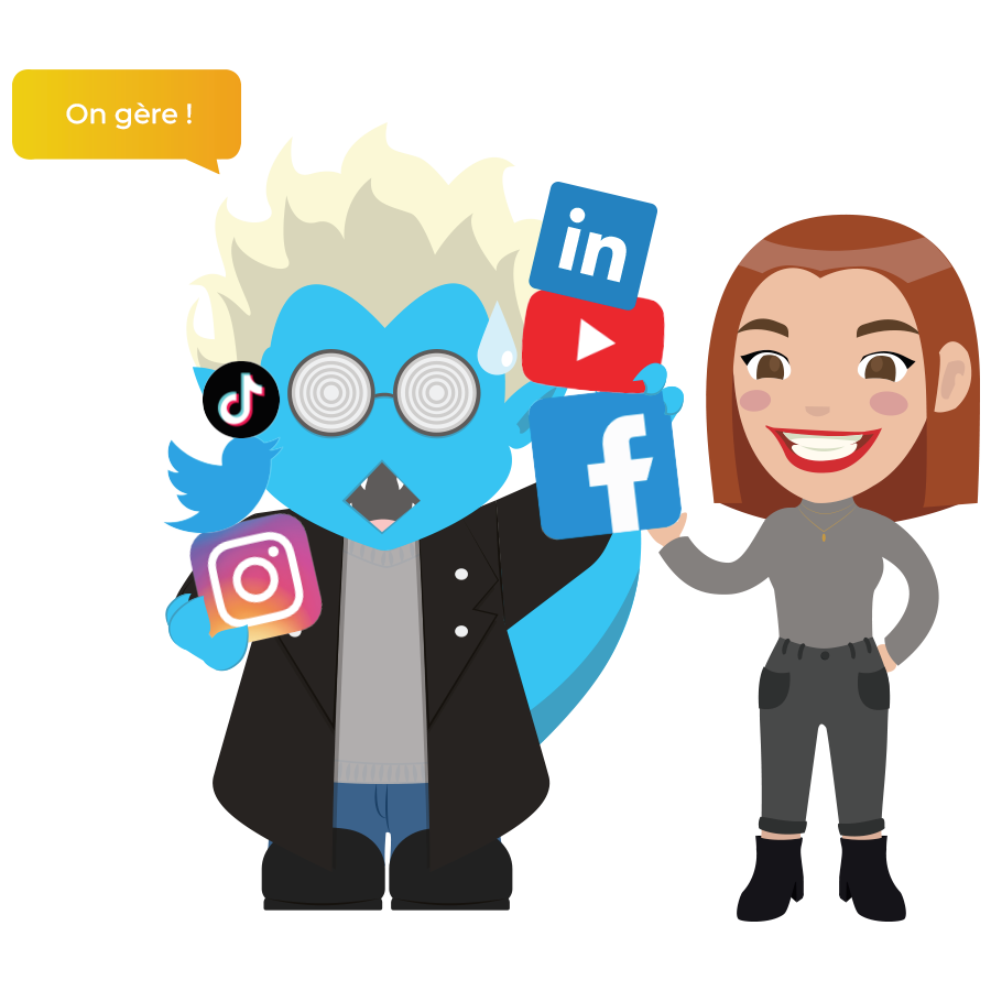 Réseaux sociaux Personnages de Tim avec tous les logos des réseaux sociaux, accompagné de la community manager