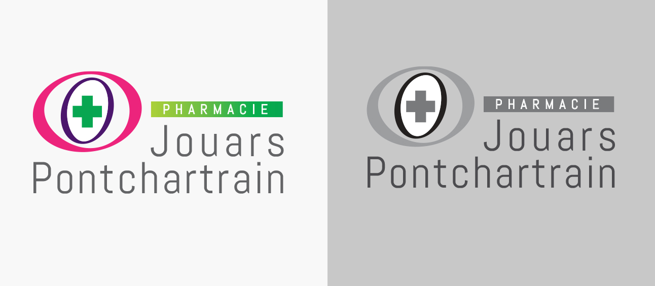 Logo en couleurs et en noir et blanc de la pharmacie de Jouars-Pontchartrain