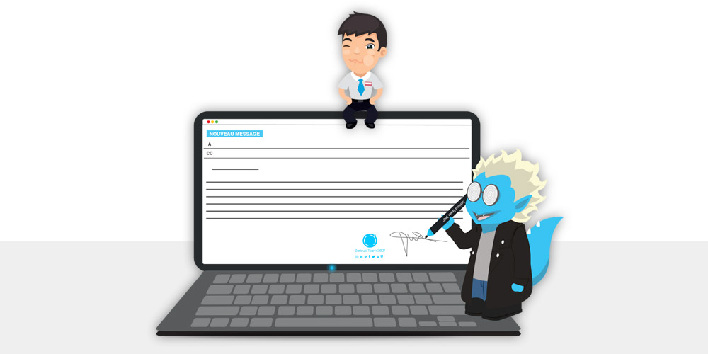 Impact de votre signature email sur votre image de marque Visuel graphique de la mascotte Tim qui signe un email sur un écran de pc portable