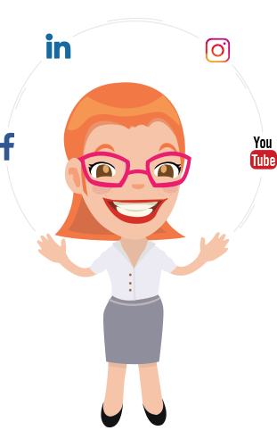 Nos réseaux sociaux ! Le personnage de Léticia avec les logos des réseaux sociaux de Serious Team360°