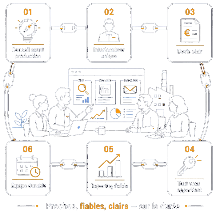 Nos engagements : Six engagement concrets Illustration représentant nos 6 engagements : conseil avant production + interlocuteur unique + devis clair + équipe durable + reporting lisible et tout vous appartient