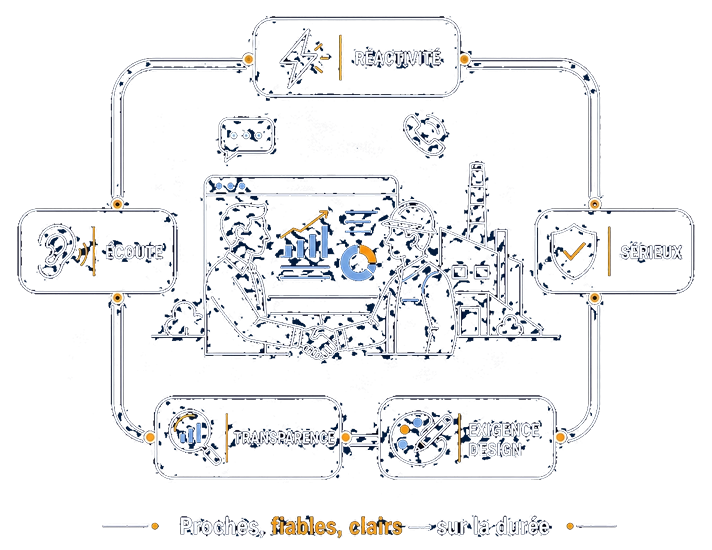 Nos valeurs ne sont pas déclaratives : ce sont celles que nos clients nous attribuent Illustration de nos valeurs : écoute + réactivité + transparence + sérieux + exigence design