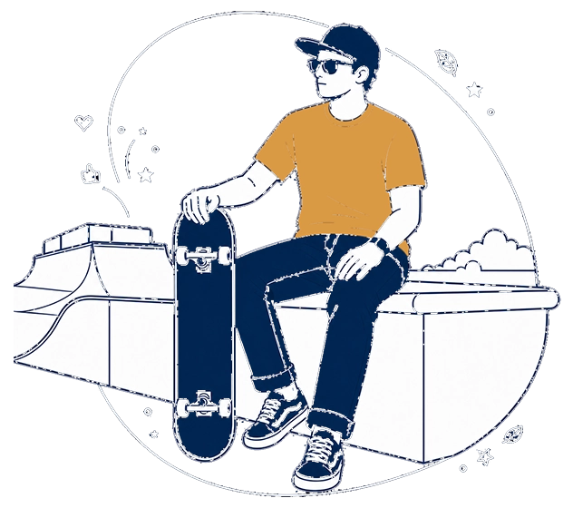 Notre histoire : de l’électrotechnique aux Échos : 30 ans de terrain avant de créer Serious Team 360° Illustration de Gontran qui est assis dans un skatepark avec son skateboard