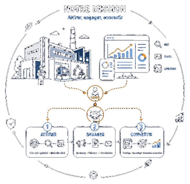 Notre mission : attirer, engager, convertir : notre méthode en trois axes Illustration de notre mission : attirer, engager et convertir.