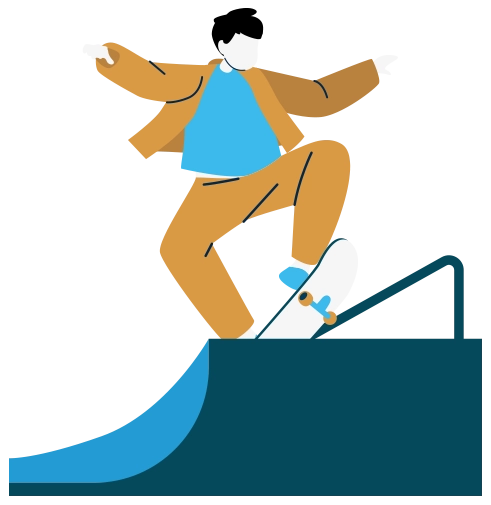 Nous construisons votre croissance, pas juste votre site web Illustration d'un homme qui fait du skateboard sur une rampe