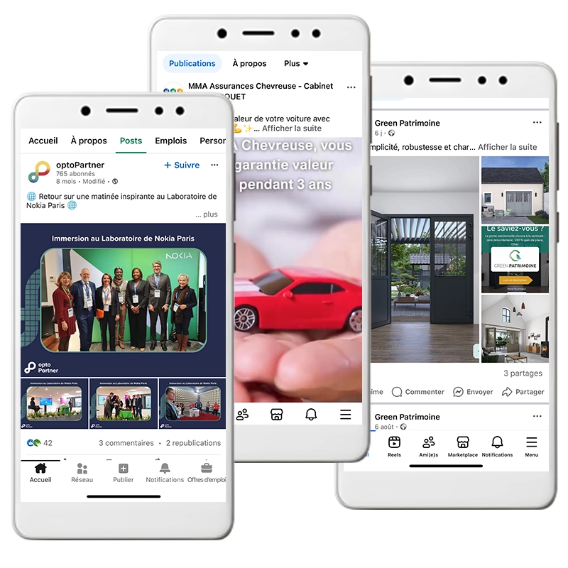 Publications sur les réseaux sociaux (Linkedin, Facebook et Instagram) de nos clients optoPartner, MMA Chevreuse et Green Patrimoine